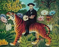 a painting of a man on top of a tiger