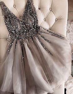 Gray V-Neck Beaded Tulle Homecoming Dress,Short A-Line Prom Dress,Party Dress,YY310  #prom #dress #fashion #promdress #partydress #formaldress #homecomingdress #cheapdress Cute Short Prom Dresses, Gaun Tulle, Backless Homecoming Dresses, Gray Cocktail Dress, Grey Prom Dress, Graduation Gown, Cheap Homecoming Dresses