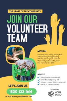 the volunteer team flyer is designed to be used as an advertisement for volunteers and their families