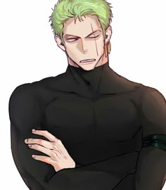 an anime character with green hair and black shirt holding his hands on his chest while looking down