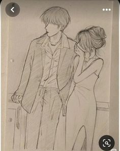 a drawing of a man and woman standing next to each other in front of a mirror