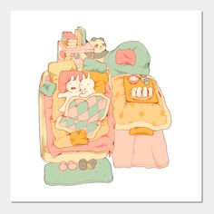 an illustration of a cat sleeping on top of a bed with pillows and blankets next to it