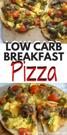 low carb breakfast pizza on a cutting board with text overlay that reads low carb breakfast pizza