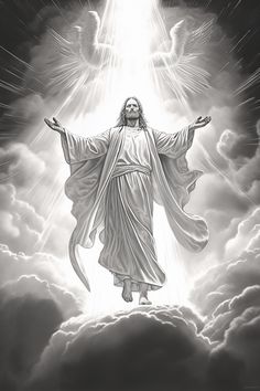 jesus in the clouds with his arms outstretched and hands out to the light above him