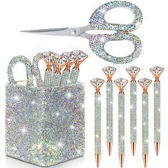 PRICES MAY VARY. Comprehensive Package: you will receive 1 desk pen holder, 1 bling scissors, and 6 bling pens; The comprehensive set provides all you need for a well organized and glamorous workspace; The quality rhinestones attached to these items sparkle consistently, enhancing the aesthetic appeal all the day long Exquisite Design: these glitter desk accessories boast a stunning AB color that adds a sophisticated touch to your workspace; The rhinestone pens display a stylish shine, attractin Black Vanity Accessories, Bling Pens, Rhinestone Pens, Pencil Holders For Desk, Crystal Makeup, Rhinestone Makeup, Makeup Brush Storage, Makeup Brush Holder, Cubicle Decor