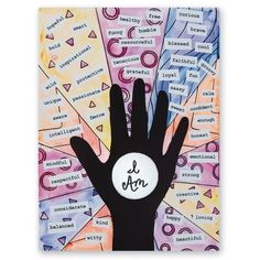 a hand with the word love on it is surrounded by many different colors and shapes