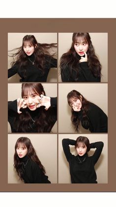 four pictures of a woman with long brown hair and black shirt, posing for the camera