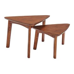 two wooden tables sitting next to each other