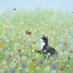 a painting of a cat sitting in a field of flowers with butterflies flying above it