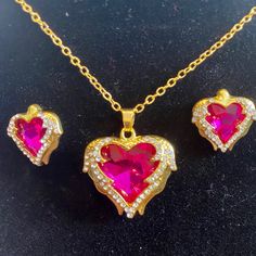 Dark Pink Crystal With Cubic Zirconia Accents Large Pendant On Gold Plated Chain Clear Crystal Necklace, Blue Pendant Necklace, Angel Wings Heart, Flower Statement Necklace, Spike Necklace, Long Pearl Necklaces, Red Pendants, Heart Shaped Necklace, Gold Bead Necklace