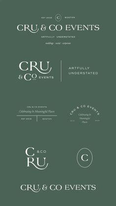 some type of font and numbers on a dark green background with white lettering that reads cru & co events