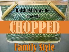 a green basket with the words chopped on it and an orange stripe in front of it