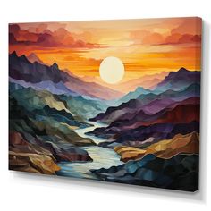 an abstract painting of mountains and water at sunset with the sun setting in the distance