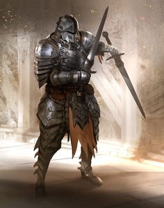 a knight in armor holding two swords