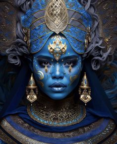 a woman with blue face paint and gold decorations on her head, wearing an elaborate costume