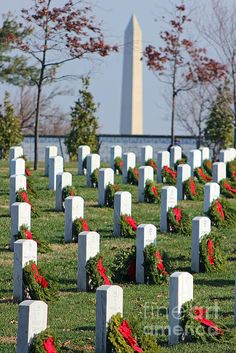 a cemetery with wreaths and trees in the background