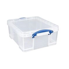 a plastic storage box with blue handles