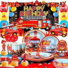 a birthday party set up with firetrucks and balloons