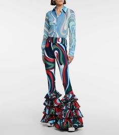 Pucci - Ruffled printed jersey pants | Mytheresa Chic Flare Pants With Ruffles, Fitted Flare Pants With Ruffles, Fitted Ruffled Flare Pants, Fitted Ruffle Flare Pants, Chic Flared Bottoms With Ruffles, Chic Bottoms With Ruffles And Flared Hem, Chic Ruffled Bottoms With Flared Hem, Summer Ruffle Bottoms In Elastane, Fitted Ruffled Trousers