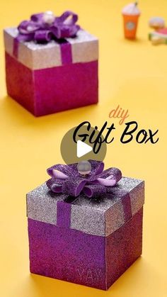 two gift boxes with purple bows on them and the words diy gift box above it