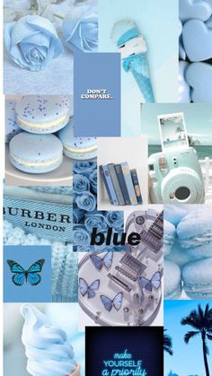 a collage of blue and white images