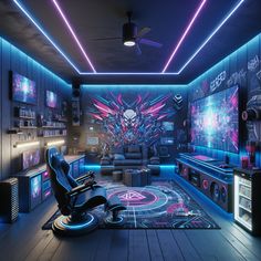 the room is decorated with neon lights and music equipment, including a large gaming chair