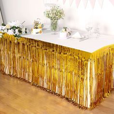 30inch x 9FT Metallic Foil Fringe Table Skirt, Self Adhesive Party Table Skirt - Gold Bright Table, Hollywood Party Theme, Birthday Party Desserts, Party Dessert Table, Dessert Table Decor, Hollywood Theme, Gold Party Decorations, Gold Theme, Gold Baby Showers