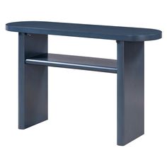 a blue wooden table with two shelves on each side and one shelf below the top