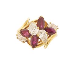 "This beautiful vintage ring features a striking array of Rubies and Diamonds, set in cluster bypass style. The center arrangement measures 20.4mm in an East-West orientation across the top and rises 10mm above the finger. A total of 4 marquise-cut Rubies, weighing approximately 1.40ctw, are prong set and nestled among 4, VS/GH pear-shaped Diamonds, weighing 1.30ctw.  The slightly tapered split shank sweeps up forming side tendrils that seemingly embrace the cluster of stones. The rich gold of the 18k makes for a beautiful contrast to the deep red of the rubies and bright white of the diamonds. This ring will make an exceptional gift, whether it be anniversary, birthday, Mother's Day, or any special occasion. -  Rubies: 4/ 0.39-0.51ct (1.40ctw estimate), marquise, slightly purplish red, me Vintage Brilliant Cut Cluster Ruby Ring, Vintage Ruby Ring With Brilliant Cut Cluster, Vintage Cluster Ruby Ring With Brilliant Cut, Exquisite Multi-stone Cluster Rings, Yellow Gold Cluster Ruby Ring, Cluster Ruby Ring In Yellow Gold, Anniversary Multi-stone Cluster Ring, Heirloom Multi-stone Cluster Diamond Ring, Beautiful Rings Vintage