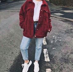 Red Curdory Jacket Outfit, Maroon Denim Jacket Outfit, Maroon Corduroy Jacket Outfit, Latest Winter Fashion, Maroon Outfit, Maroon Jacket, Doc Martens Outfit, Goth Outfit, 2016 Fashion Trends