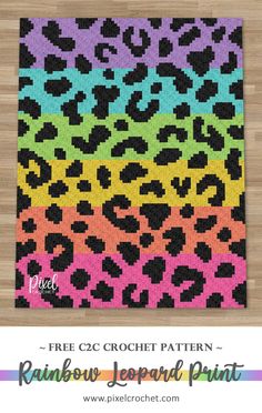 the rainbow leopard print rug is shown on a wooden floor with text that reads free croche