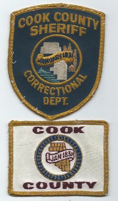 two patch badges with the words cook county sheriff and cook county clerk on them