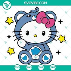 a hello kitty with a bow on her head sitting in front of stars and the words sv