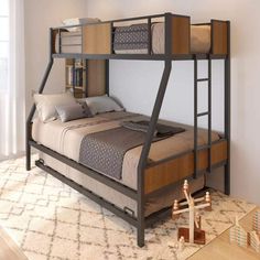 PRICES MAY VARY. Heavy Duty -The twin over full metal bunk bed with trundle is manufactured with high quality steel, offer strong support for kids adults at 250 lbs of upper bed ,350 lbs of bottom bed,250 lbs of twin size trundle bed. Bunk Bed with Trundle - This Twin over full bunk beds with trundle bed is great spacing saving for growing family members or overnight guest. Full Bed Dimensions: 77"L x 55.9"W, twin Bed Dimensions: 77"L x 40.94"W. Security for Kids- The twin over full bunk bed wit Bunk Beds With Trundle, Beds With Trundle, Metal Bunk Bed, Twin Over Full Bunk Bed, Full Bunk Bed, Modern Bed Frame, Bed With Trundle, Bunk Bed With Trundle, Metal Bunk Beds