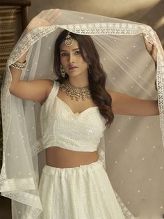 Buy enchanting white georgette embroidered lehenga choli for celebrating upcoming diwali festival celebration. Shop this elegant lehenga choli which comes with georgette blouse and georgette dupatta. White Georgette Lehenga, White Color Lehenga, Designer Lehnga Choli, Elegant Lehenga, Georgette Material, Mirror Work Lehenga, White Lehenga, Georgette Lehenga, Blouse Details