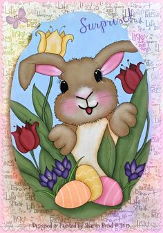 a painting of a bunny with flowers and eggs