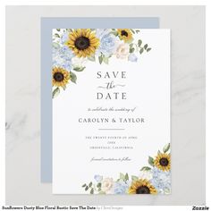 sunflowers and blue hydrangeas are on the front of this save the date card