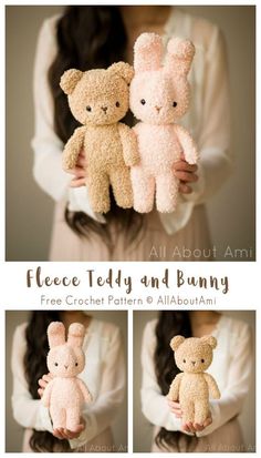 three pictures of teddy bears in different poses with the caption fleece teddy and bunny free crochet pattern & all about amini