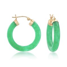 Ross-Simons - Jade Hoop Earrings with 14kt Yellow Gold. 1". Colorful green jade is said to bring good energy to all those who don it, making these hoops a fabulously affordable way to incorporate some positive vibes into your everyday. Hanging length is 1". Set in polished 14kt yellow gold. Snap-bar, jade hoop earrings. Green Jade Hoop Jewelry, Green Pierced Hoop Earrings For Anniversary, Green Jade Hoop Earrings, Green Small Hoop Earrings Fine Jewelry, Green Pierced Hoop Earrings, Good Energy, Green Jade, Jade Green, Positive Vibes