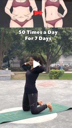 a woman doing yoga poses with her arms behind her head and the words 50 times a day for 7 days