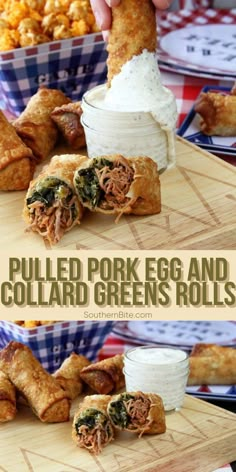 pulled pork egg and collard greens rolls