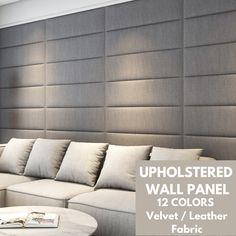 an upholstered wall panel with 12 colors velvet / leather fabric in a living room