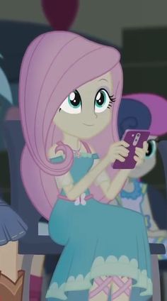 a cartoon girl with pink hair holding a cell phone