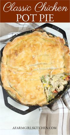 homemade chicken pot pie in a cast iron skillet