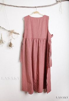 Lasaky - Forest Sweet Layered V-Neck Dress with Checkered Cotton Linen, Tie Straps, and Sleeveless Design Red Sleeveless Dress For Picnic, Picnic Gingham Sleeveless Dress, Gingham Sleeveless Dress For Picnic, Sleeveless Gingham Summer Dress, Sleeveless Gingham Dresses For Daywear, Sleeveless Gingham Sundress For Picnics, Sleeveless Gingham Sundress For Picnic, Sleeveless Gingham Beach Dress, Sleeveless Gingham Sundress For The Beach