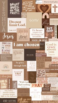 a collage of different types of words in brown and tan colors, with the words i am chosen written on them