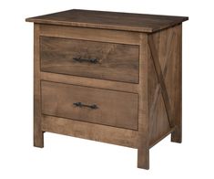 a wooden nightstand with two drawers on one side and an x design on the other