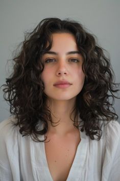 Medium Curly Haircuts Middle Part, Wavy Short Hair Layers, Layered Short Curly Hair With Bangs, Chocolate Curly Hair Color, Medium Fine Wavy Haircut, Haircuts For Fine Wavy Hair Medium, Type 2c Haircut, Short Curly Haircuts Oval Face, Shoulder Length 2b Hair