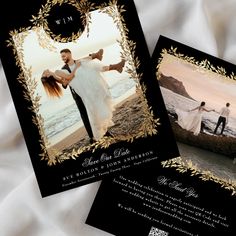 two black and gold wedding cards with an image of a bride and groom on the beach