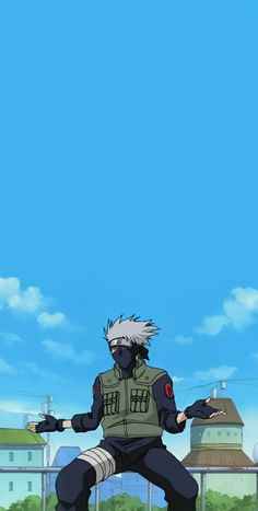 an anime character with white hair and black pants is standing in front of a blue sky